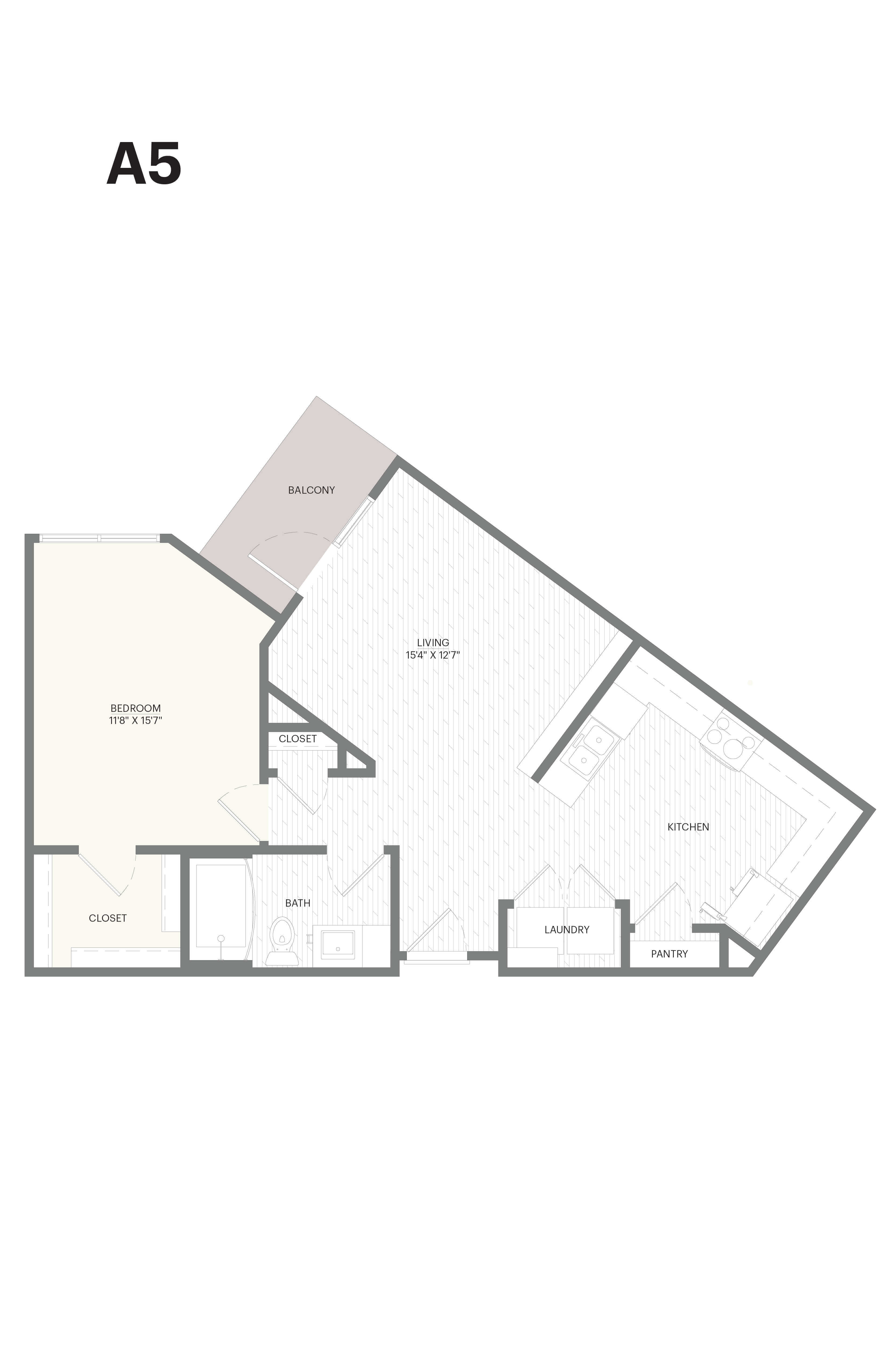 Floor plan for 1 bed, 1 bath, 770 sqft